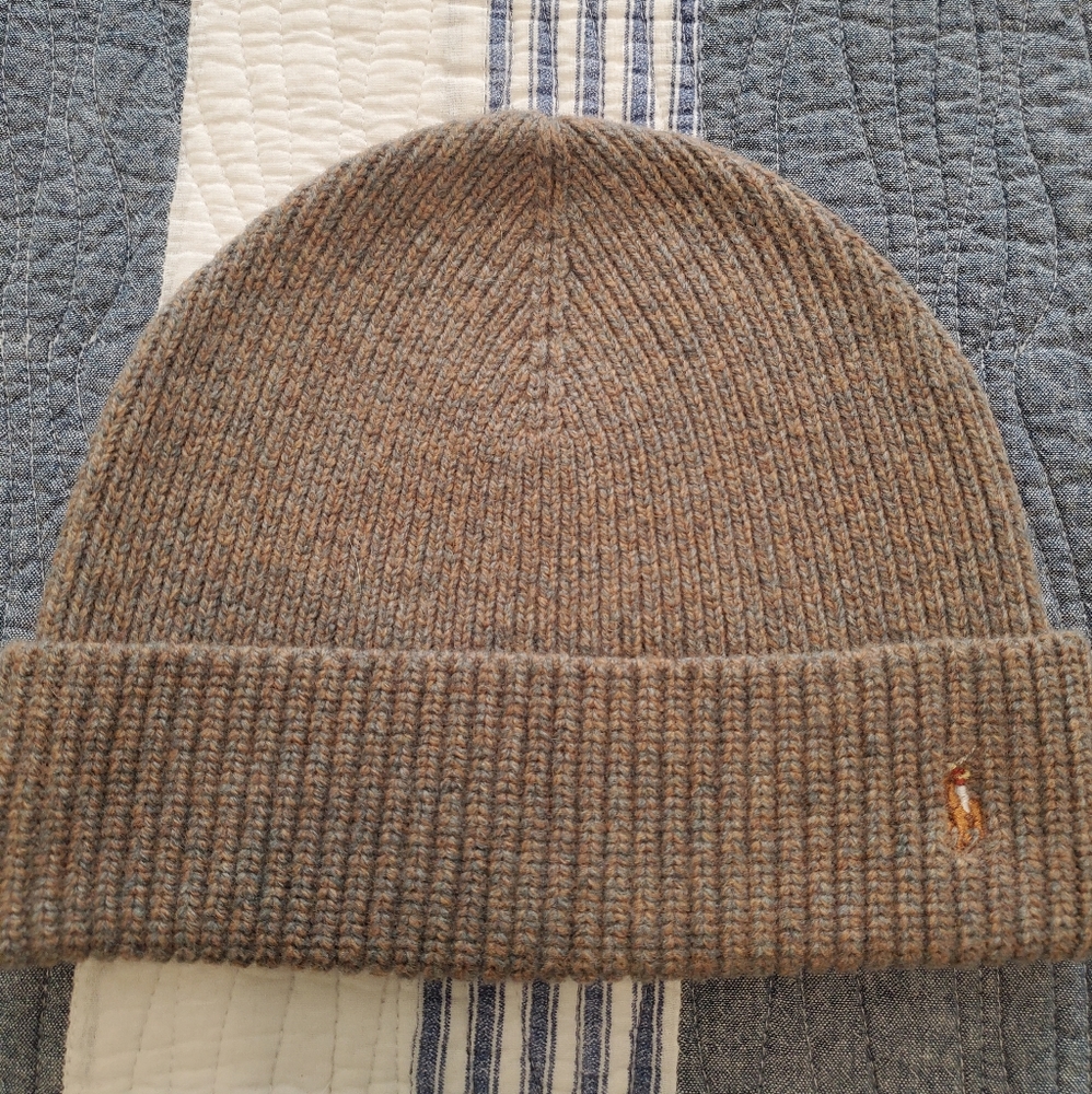 Polo Ralph Lauren cuffed beanie in heathered sand color with premium polo logo